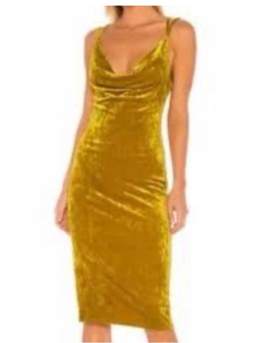 BCBGMaxAzria Mustard Gold Velvet Cowl Midi Dress